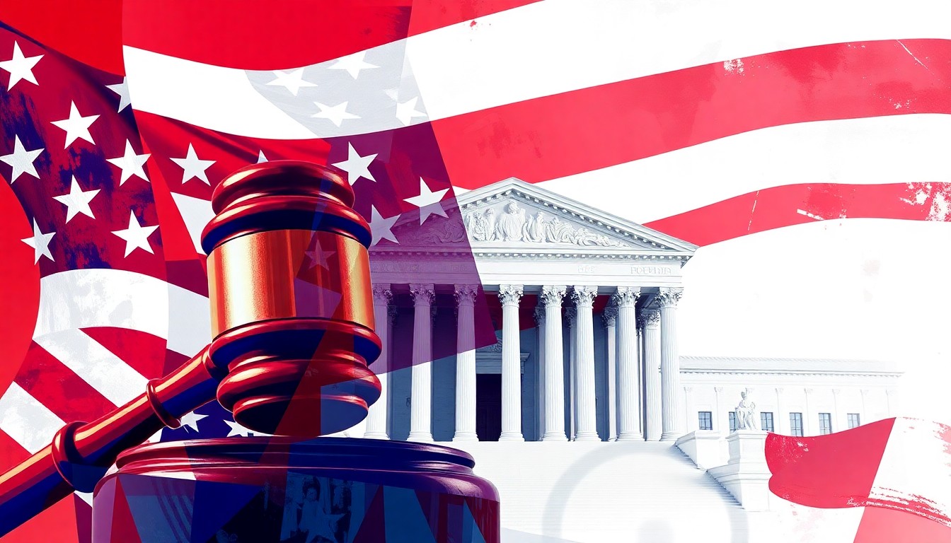 A dynamic, fragmented painting featuring a gavel, American flag, and Supreme Court building in a bold, abstract style, conveying the fractured political debate over birthright citizenship.