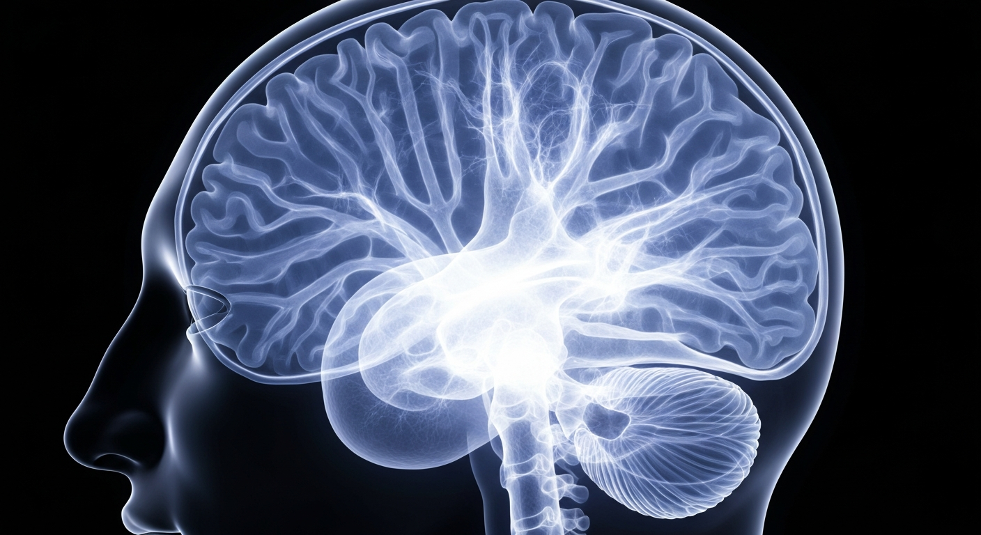 An extreme close-up X-ray photograph revealing the intricate neural structures of a human brain, conceptually illustrating the devastating medical impact of a meningitis outbreak.