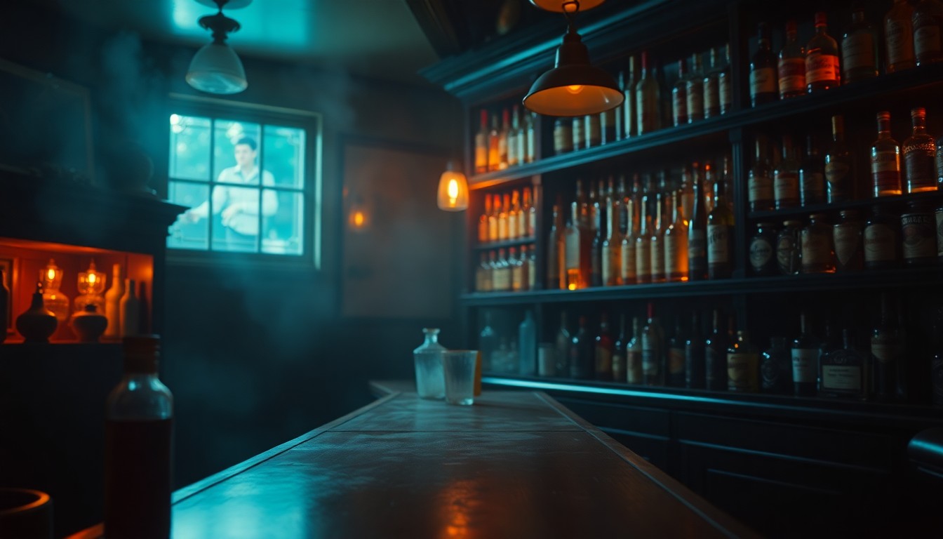 An abstracted, out-of-focus photograph of a vintage bar counter and liquor bottles, with soft pools of warm light and color creating a sense of mystery and nostalgia.