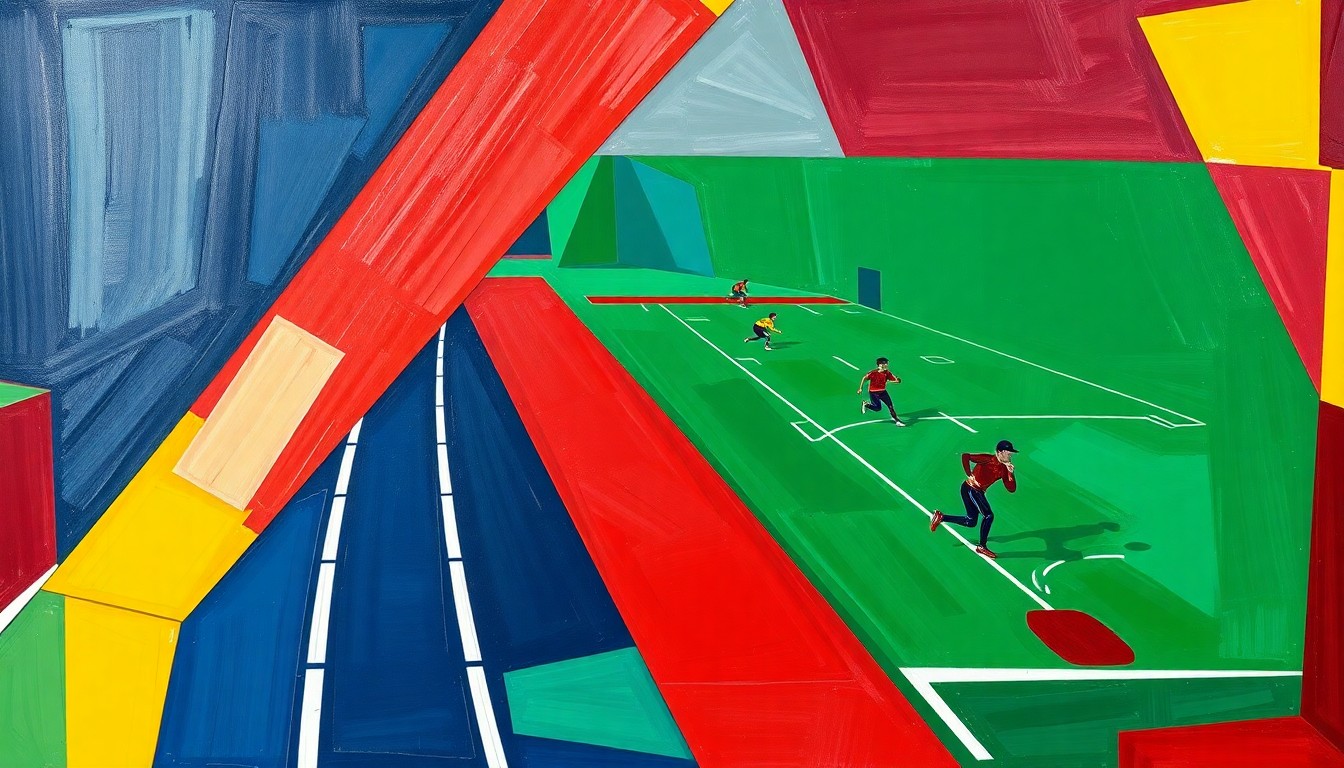 A cubist, geometric painting depicting a high school sports competition, with overlapping shapes and planes in navy, green, and red, conveying the energy and excitement of the event.
