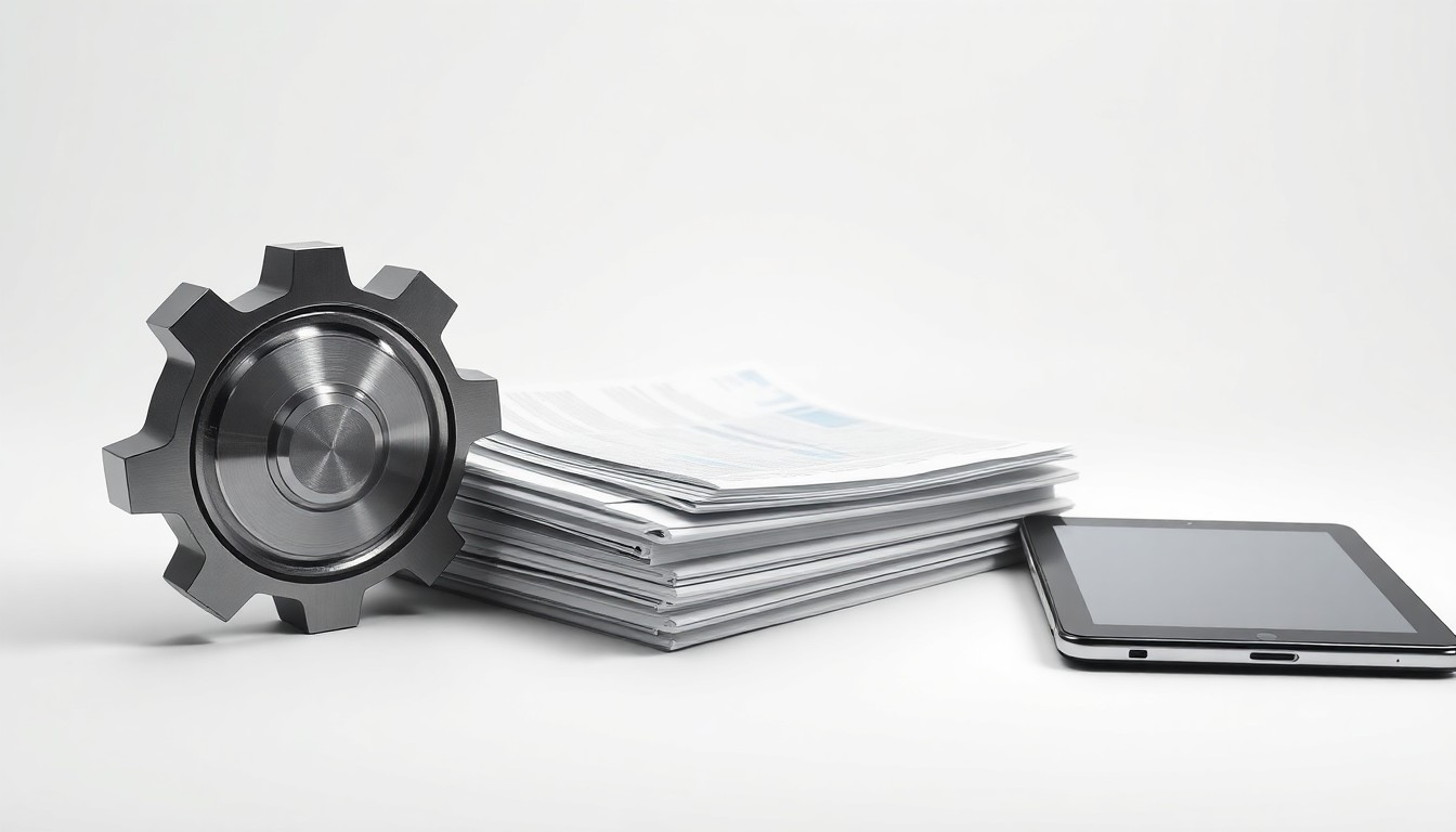 A minimalist, photorealistic studio still life featuring a polished metal gear, a stack of financial documents, and a sleek black tablet computer, conceptually representing the abstract business trends and strategies impacting Genuine Parts Company.