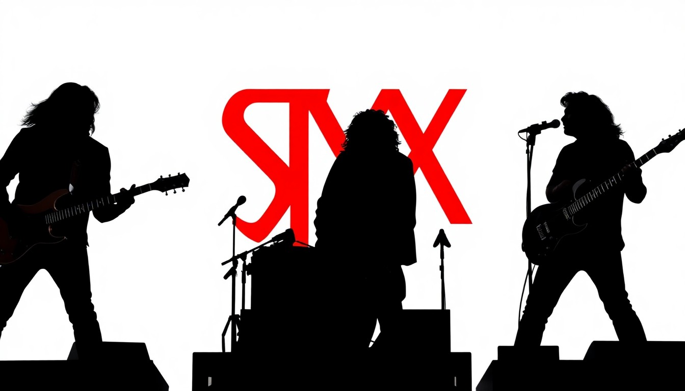 A striking, minimalist illustration featuring bold black shapes and geometric forms in high-contrast colors, conceptually representing the energy and spirit of the rock band Styx's live performance.