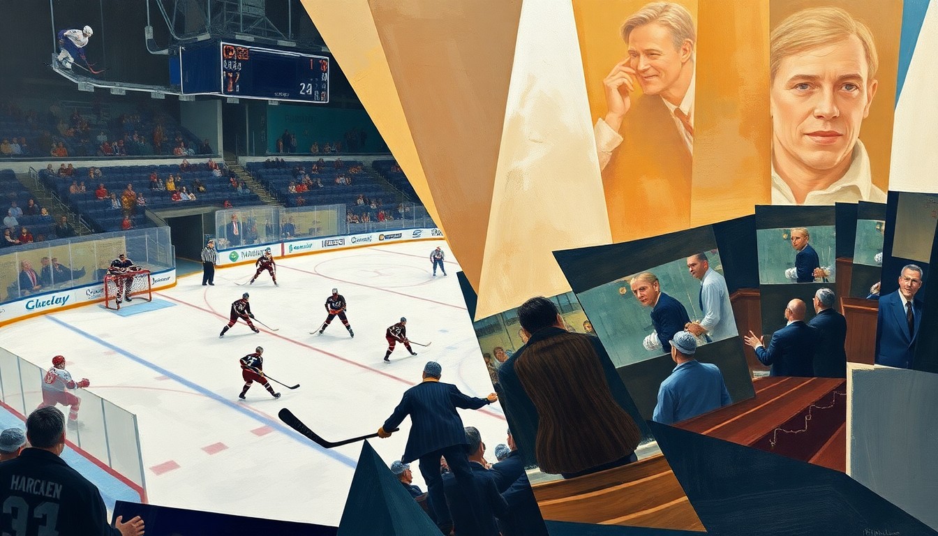 A cubist, geometric painting depicting a hockey game or match, with the players and action broken down into sharp, overlapping planes of color and shape, capturing the raw energy and intensity of the sport.