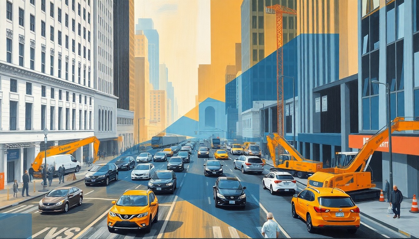 An abstract, fragmented painting depicting a busy city street scene with cars, pedestrians, and construction equipment, conveying the concept of infrastructure upgrades and transportation planning for a major event.