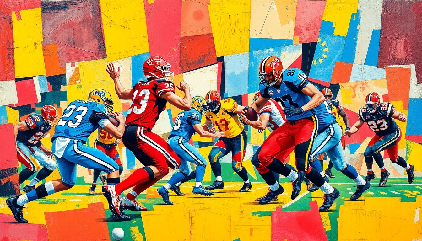 A cubist, geometric illustration depicting fragmented football players and action, using bold colors and angular shapes to capture the dynamic energy of the sport.