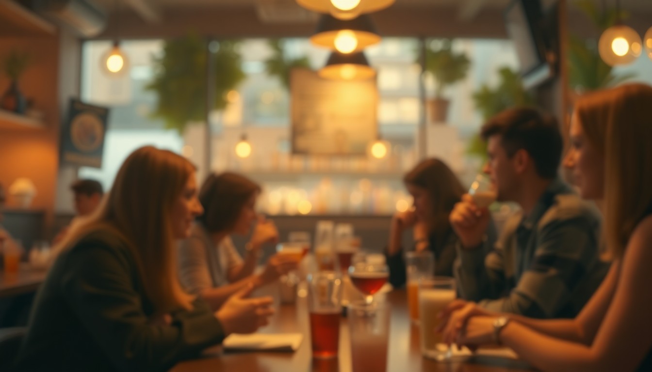 An extremely abstracted, out-of-focus photograph shot through condensation or rain-streaked glass, composed of a warm, intimate cafe scene with people enjoying non-alcoholic drinks and activities, conceptually representing San Francisco's efforts to curb its drinking culture.