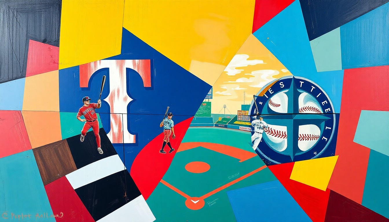 A fractured, geometric painting depicting a baseball game between the Texas Rangers and Seattle Mariners, with sharp overlapping planes in the teams' respective color palettes.