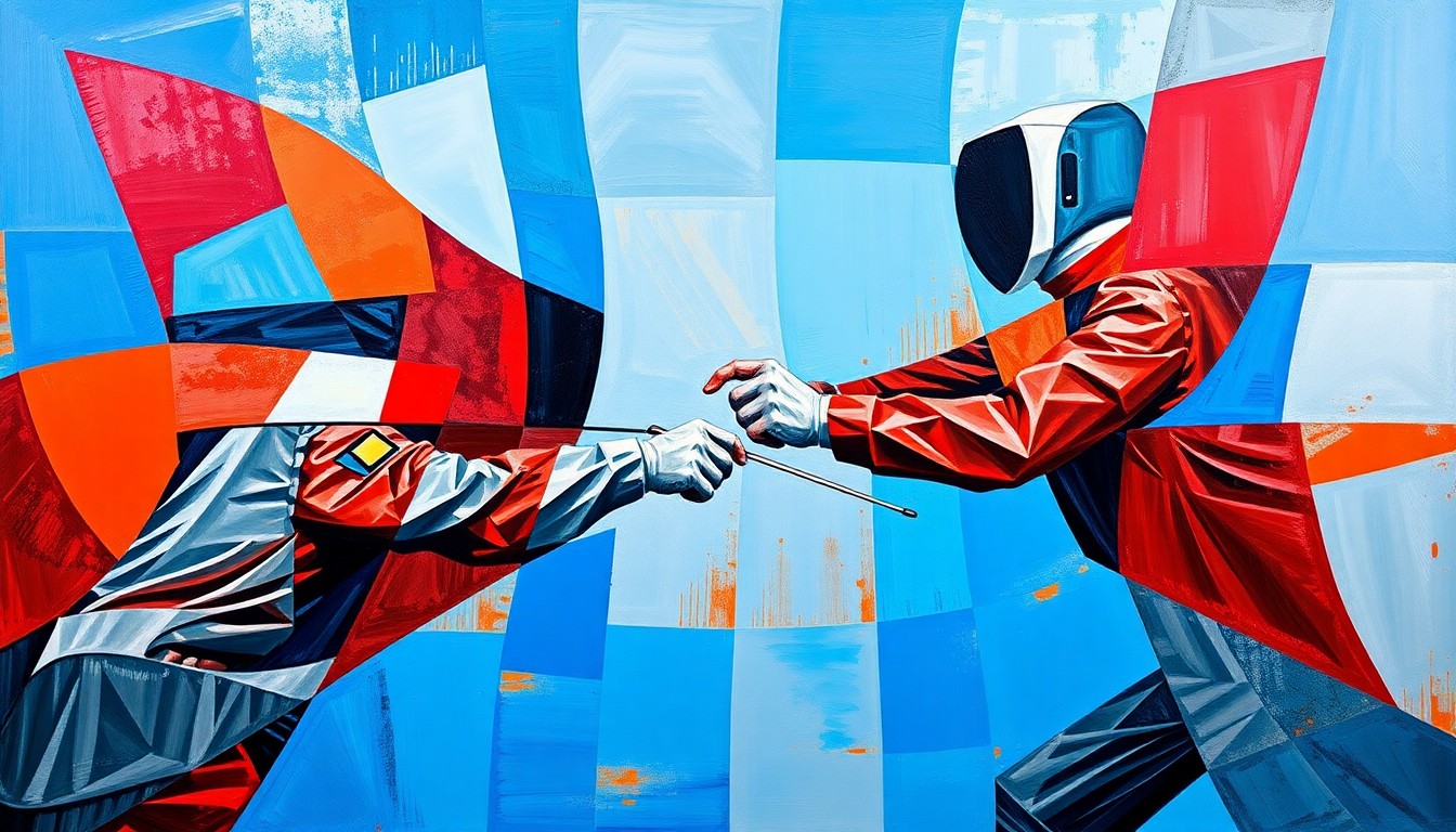 A cubist-style painting depicting a fencing match, with the athletes and their movements broken down into sharp, overlapping geometric shapes in vibrant colors like blue, red, and silver.
