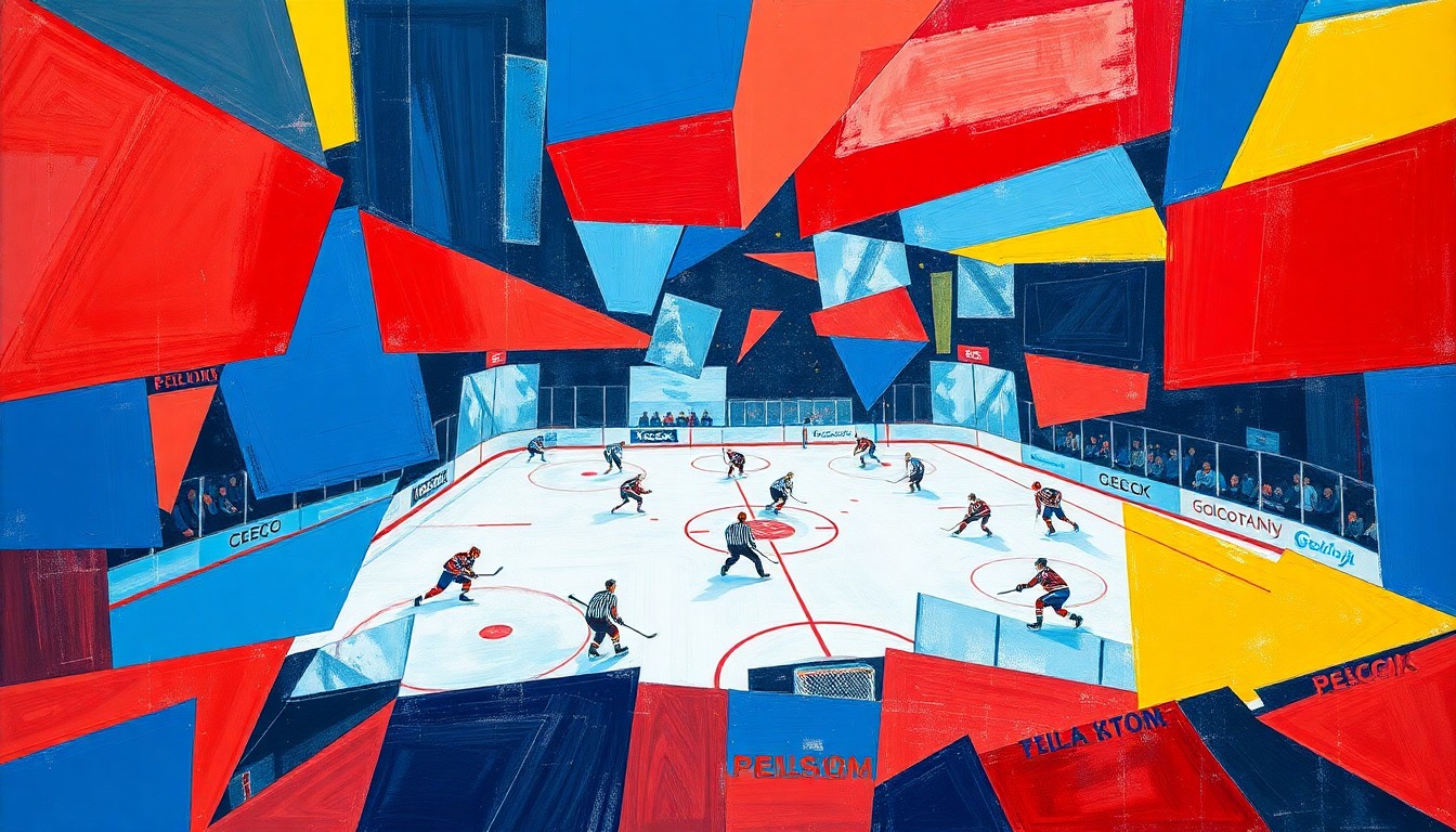 A cubist, geometric painting depicting a fragmented hockey game, with sharp, overlapping shapes in vibrant blue, red, and yellow colors, conceptually representing the chaotic end to the Panthers' season.