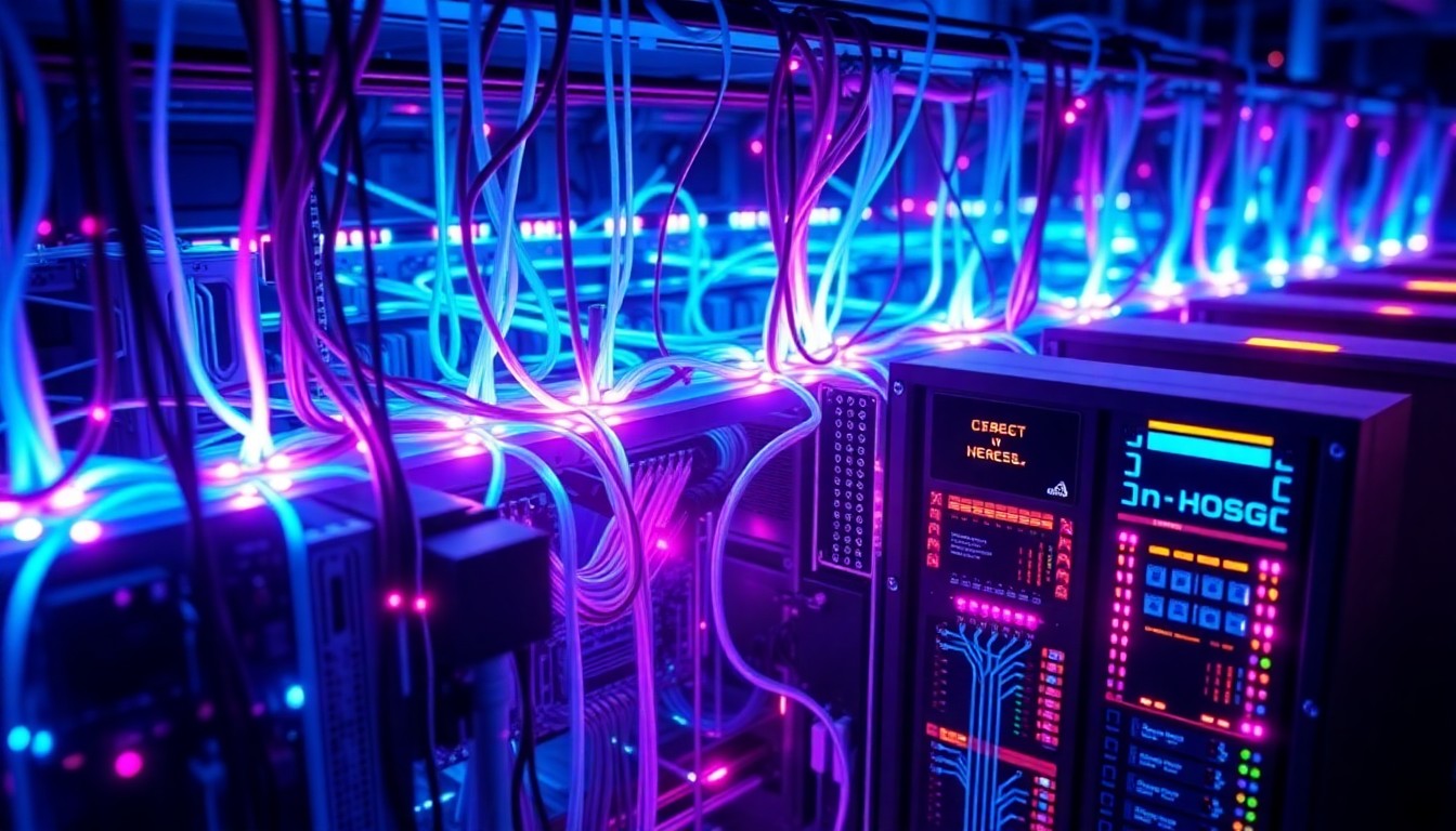 A highly detailed, glowing 3D illustration of a complex network of illuminated cables, circuit boards, and data servers in shades of neon blue, purple, and magenta, conceptually representing the critical digital infrastructure powering Northern Ireland's school IT systems.