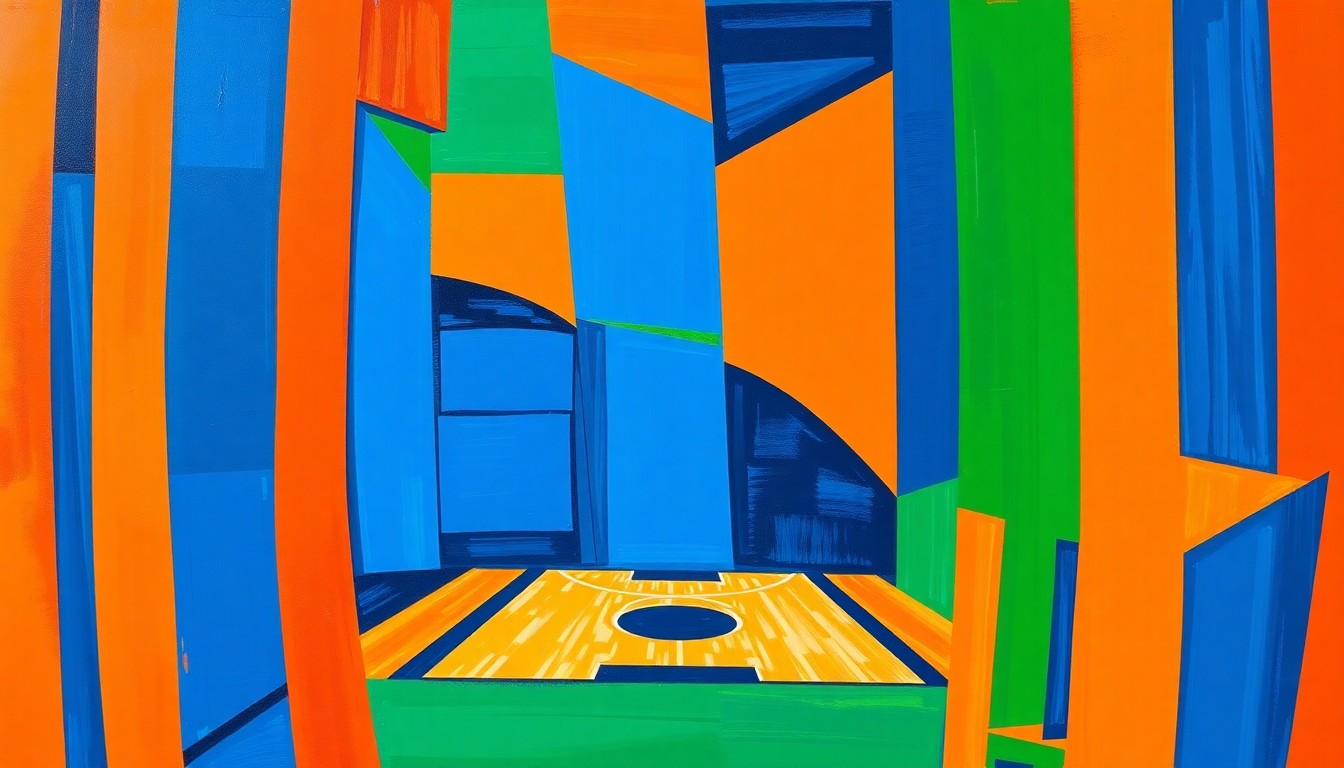 A fractured, multi-angled painting in bold colors depicting the chaotic final moments of a basketball game, with players and the ball fragmented into sharp, overlapping geometric shapes.