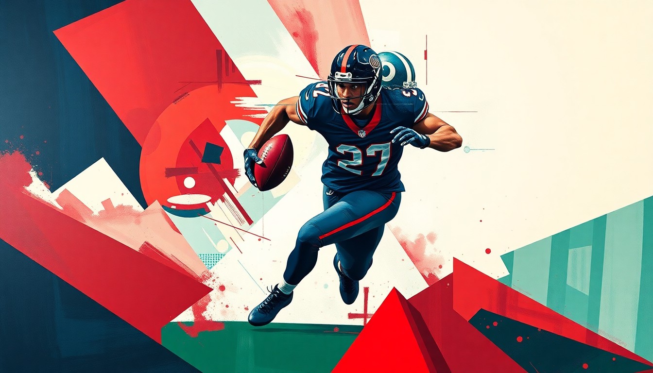 A cubist-style painting depicting the fragmented, multi-angled movements of a running back, rendered in a palette of deep red, navy blue, and forest green geometric shapes and planes.