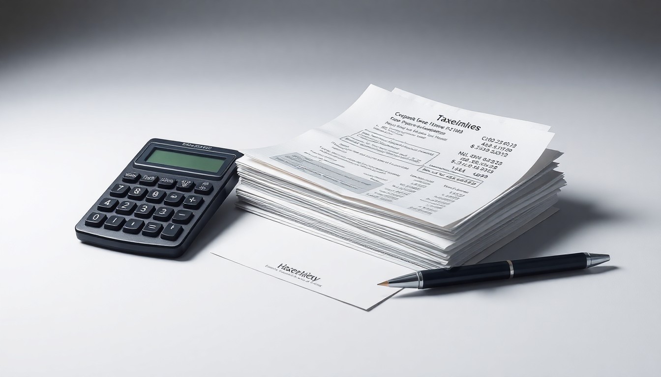 A minimalist studio still life featuring a stack of neatly organized receipts, a calculator, and a pen on a clean, monochromatic background, conceptually representing the abstract ideas of corporate finance and tax season stress.