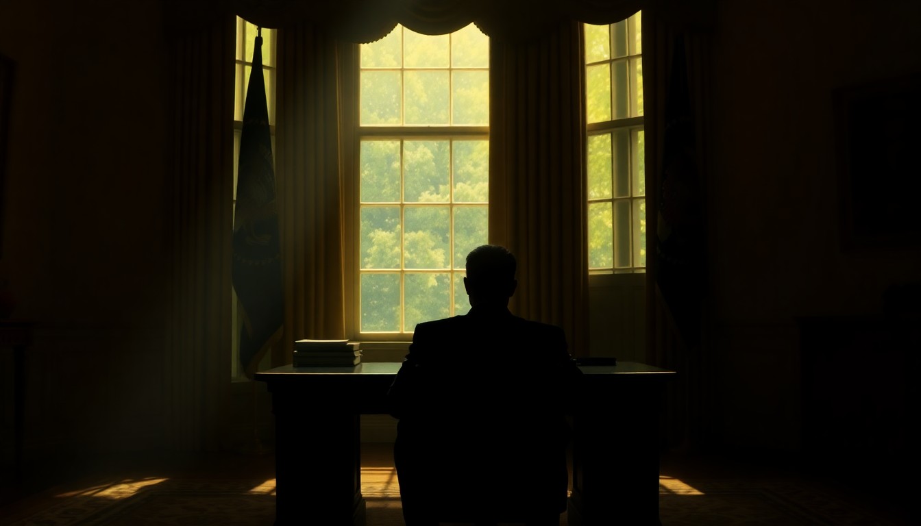 A cinematic painting of the President sitting alone in the Oval Office, the room bathed in warm, diagonal sunlight and deep shadows, conveying a sense of solitude and brooding tension.