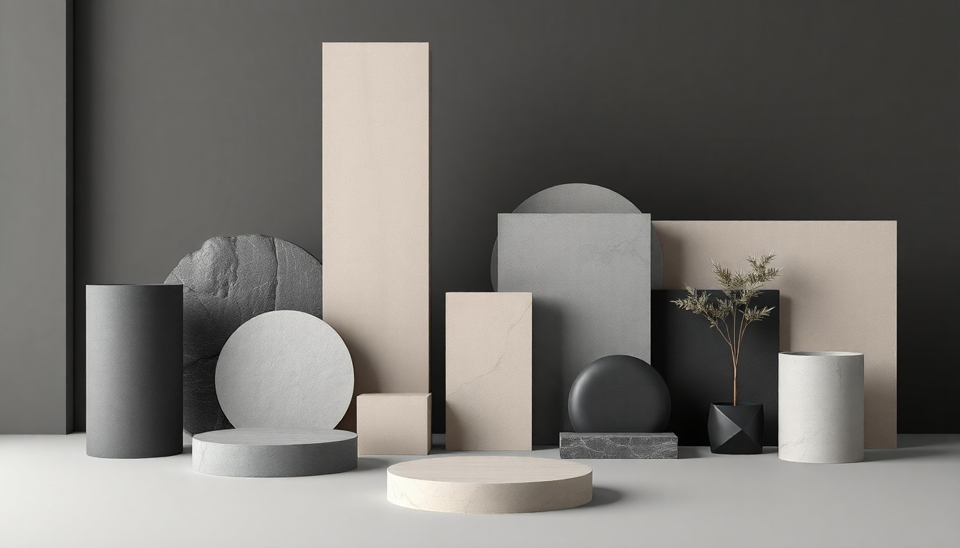 A high-end, photorealistic studio still-life photograph featuring a collection of abstract geometric shapes and premium materials in muted tones of gray, beige, and black, conceptually representing the transformation of a former tech office building.