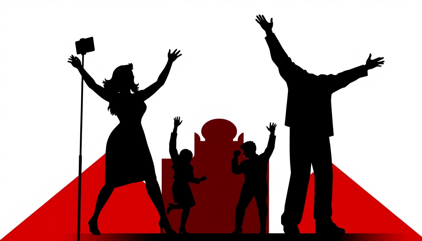 An abstract, minimalist illustration featuring bold, jagged black silhouettes and geometric shapes in a high-contrast palette of red, white, and black, capturing the energy and excitement of a summer musical theater season.