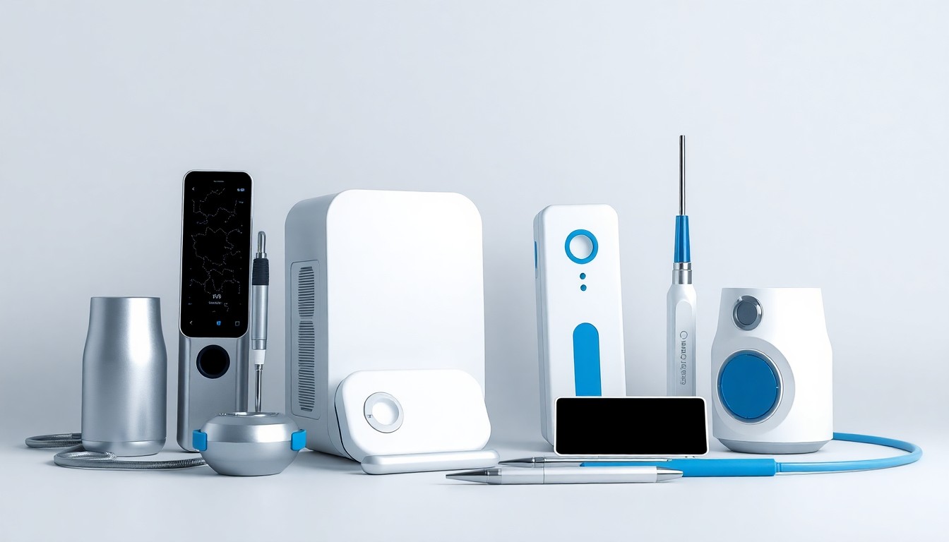 A high-end, photorealistic studio still-life photograph featuring a collection of sleek, geometric medical devices and instruments in shades of silver, white, and blue, conceptually representing the advanced technology of Beacon Biosignals' neurophysiological data analytics platform.