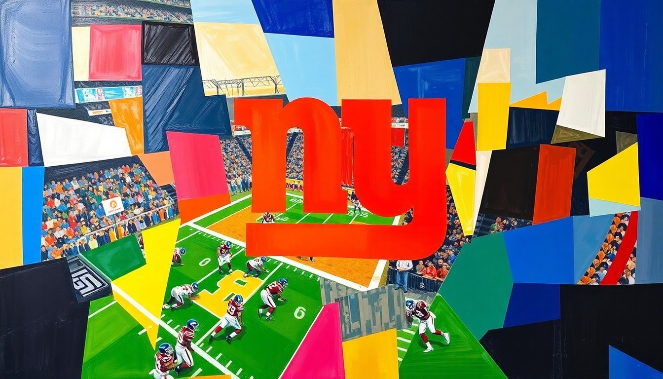 A fractured, cubist-style painting depicting a football game or draft day scene, with sharp geometric planes in the Giants' team colors of blue, red, and white, conceptually representing the team's strategic approach to the draft.