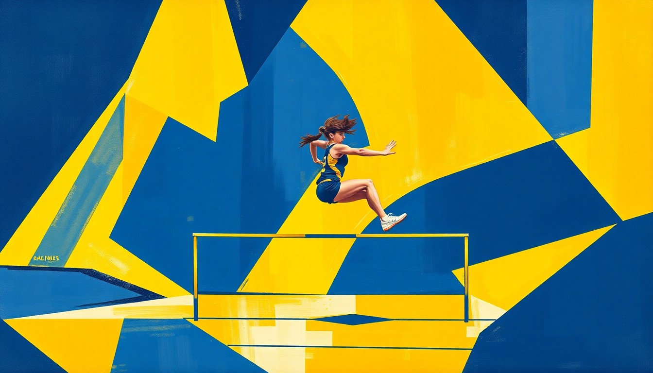 A cubist, geometric painting depicting a high jump competition, with the athletes' bodies and the jump bar broken down into sharp, overlapping planes of navy blue and gold, capturing the dynamic energy of the event.