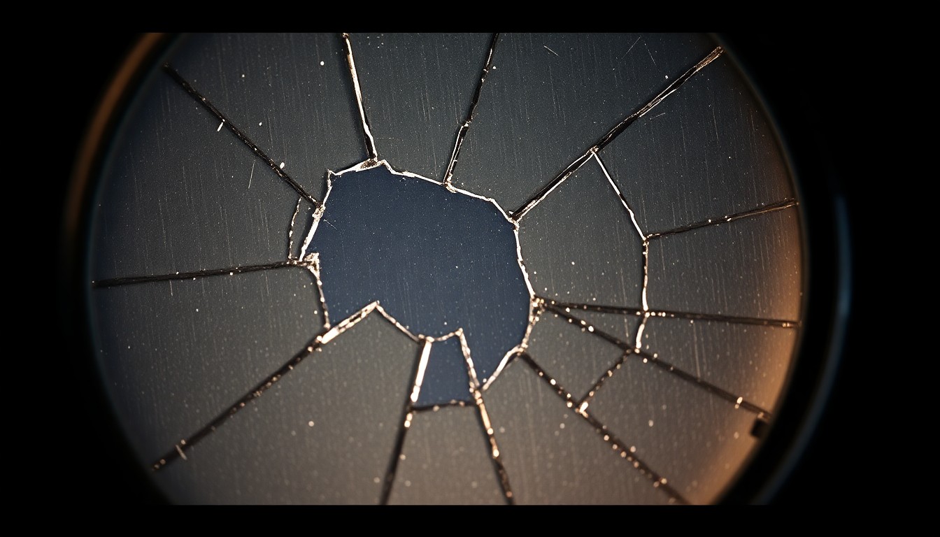 An extreme close-up photograph of a makeup compact, the shattered glass reflecting a soft, emotional light, conceptually representing the vulnerability and resilience of a news anchor returning to work after a personal tragedy.