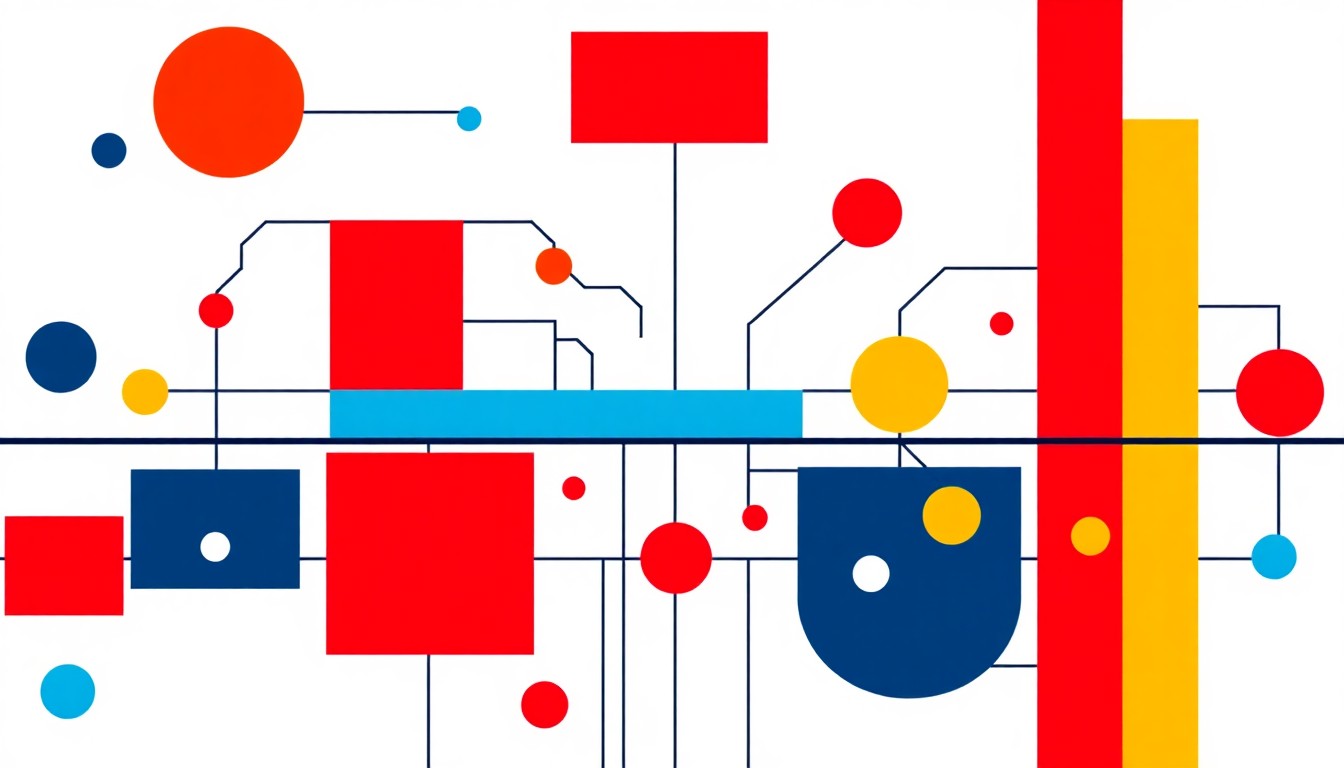 An abstract illustration composed of bold geometric shapes in primary colors, representing the interconnected infrastructure and control mechanisms of the AI economy as an impersonal, systemic force.
