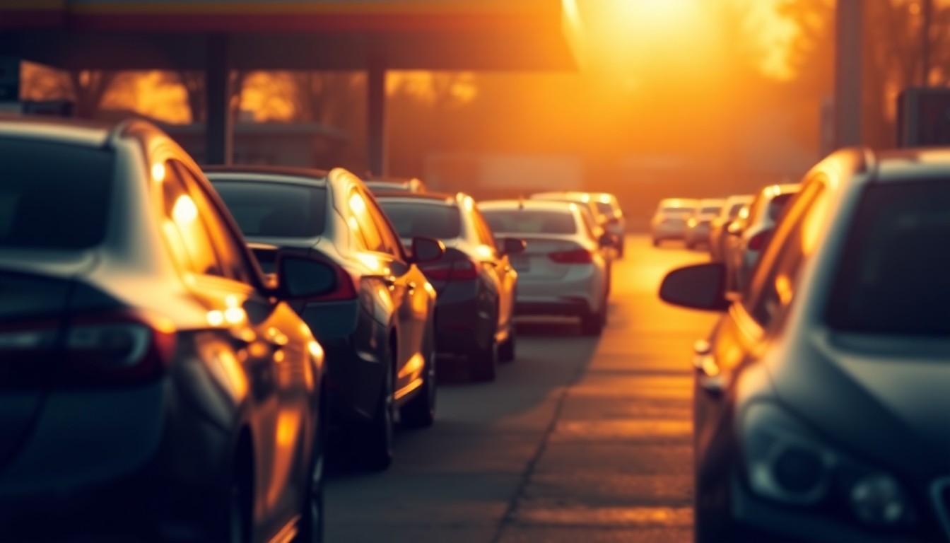 An abstract, out-of-focus photograph of cars lining up at a gas station, with soft, warm pools of light reflecting off the vehicles and pavement, conveying a sense of community, generosity, and spiritual purpose.