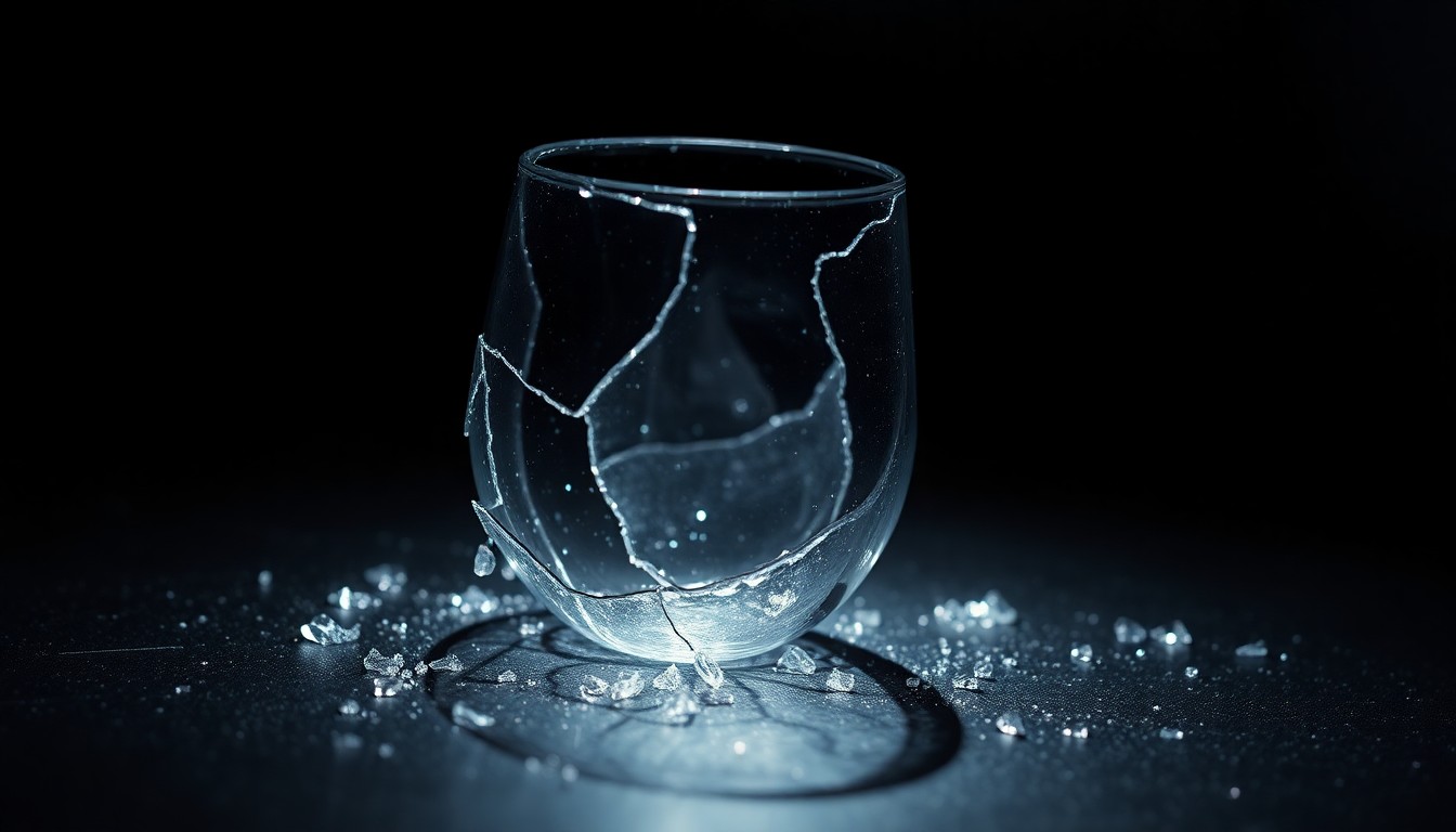 An extreme close-up photograph of a shattered cocktail glass on a dark surface, capturing the gritty aftermath of an alleged property damage incident at a resort bar.