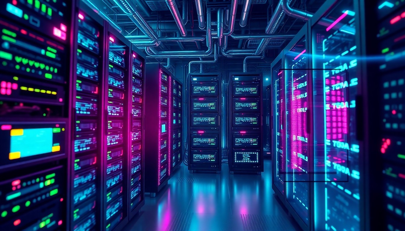 A highly detailed, glowing 3D illustration of a futuristic data center or cloud computing infrastructure, with neon cyan and magenta lights illuminating the various hardware components, conceptually representing the power and complexity of AI-driven enterprise transformation.