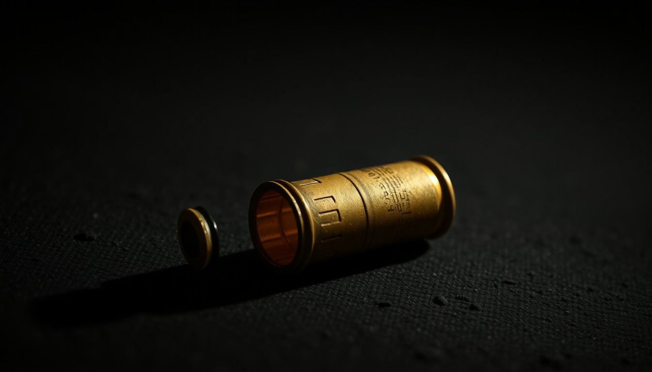 An extreme close-up of a spent shell casing reflecting a bright, harsh light, conceptually illustrating the gun violence that has impacted the Berlin community.