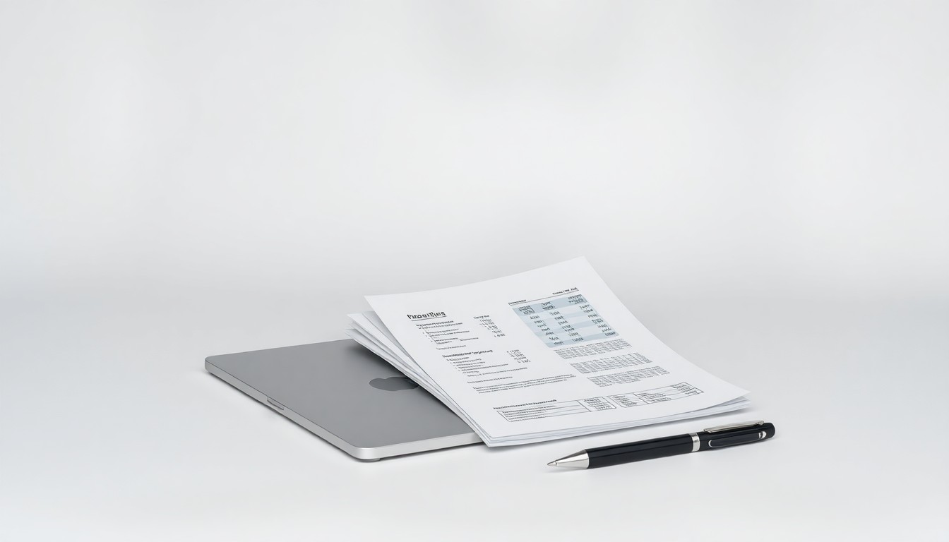A minimalist studio still life photograph featuring a metallic laptop, financial reports, and a pen, symbolizing the integration of technology and corporate finance.
