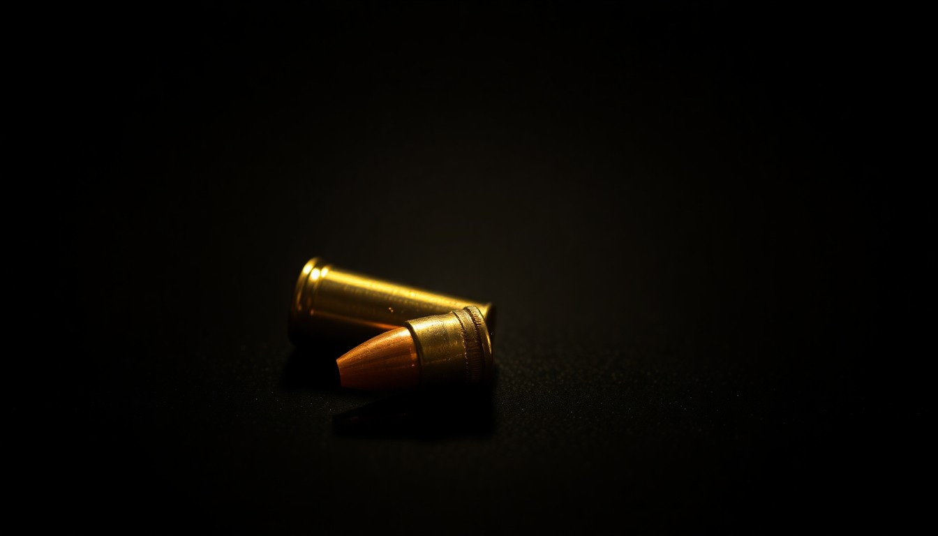 An extreme close-up photograph of a single spent bullet casing on a dark surface, lit by a harsh, direct camera flash, conceptually representing the tragic aftermath of a shooting incident.