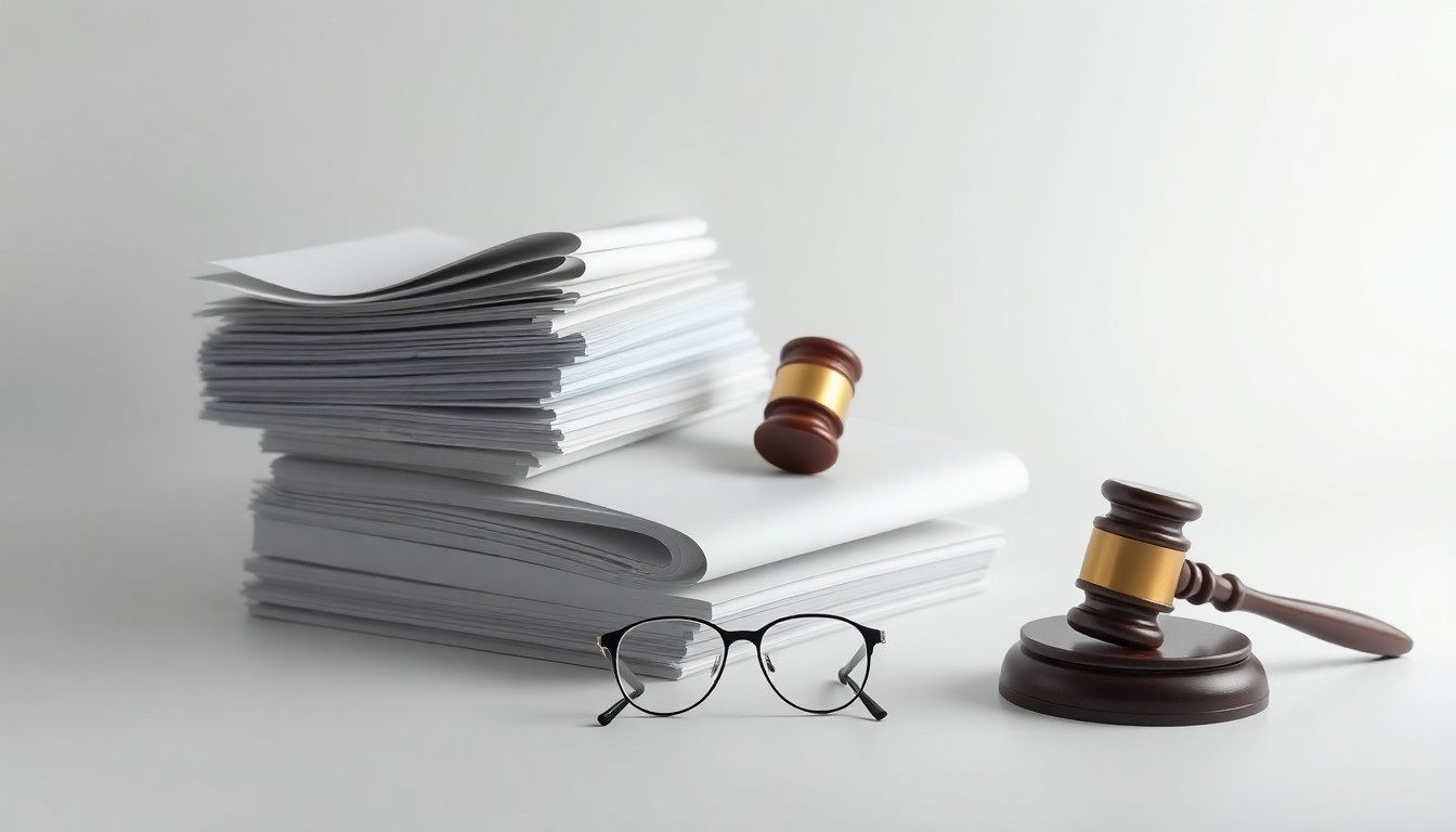 A high-end, photorealistic studio still-life featuring a stack of legal documents, a gavel, and a pair of reading glasses arranged elegantly on a clean, monochromatic background, symbolizing the growth and evolution of the legal services industry.