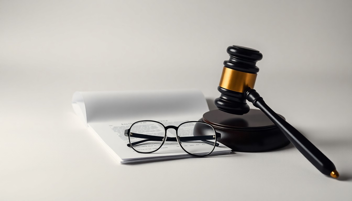 A photorealistic studio still life featuring a stack of legal documents, a gavel, and a pair of reading glasses arranged on a clean, monochromatic background, conceptually representing the corporate legal issues facing DICK's Sporting Goods.