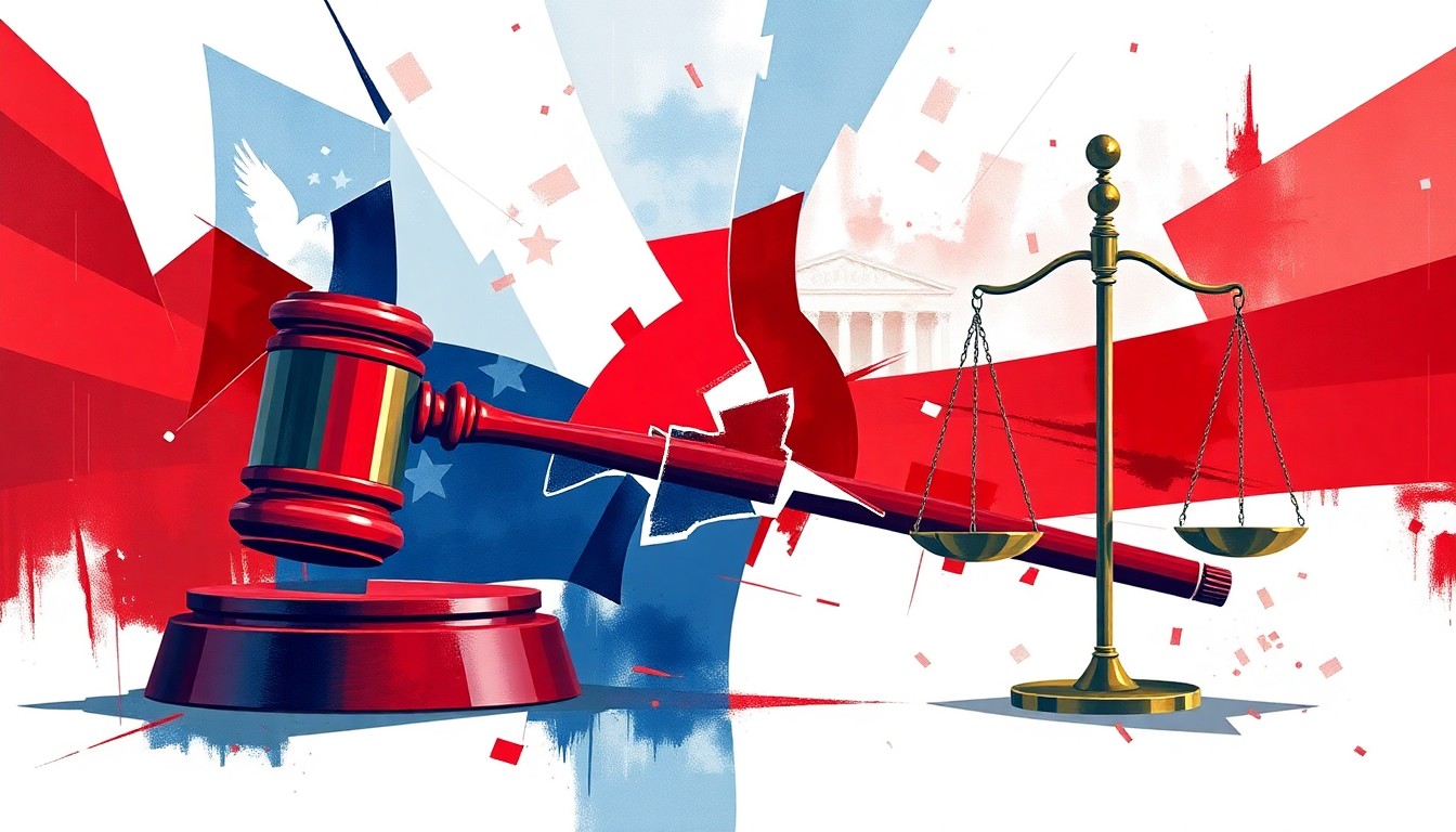 A dynamic, fragmented painting in red, white, and blue hues depicting the scales of justice and a gavel, conceptually representing the political turmoil surrounding the Supreme Court's decision to potentially allow the Trump administration to dismiss charges against key figures from the January 6th investigation.