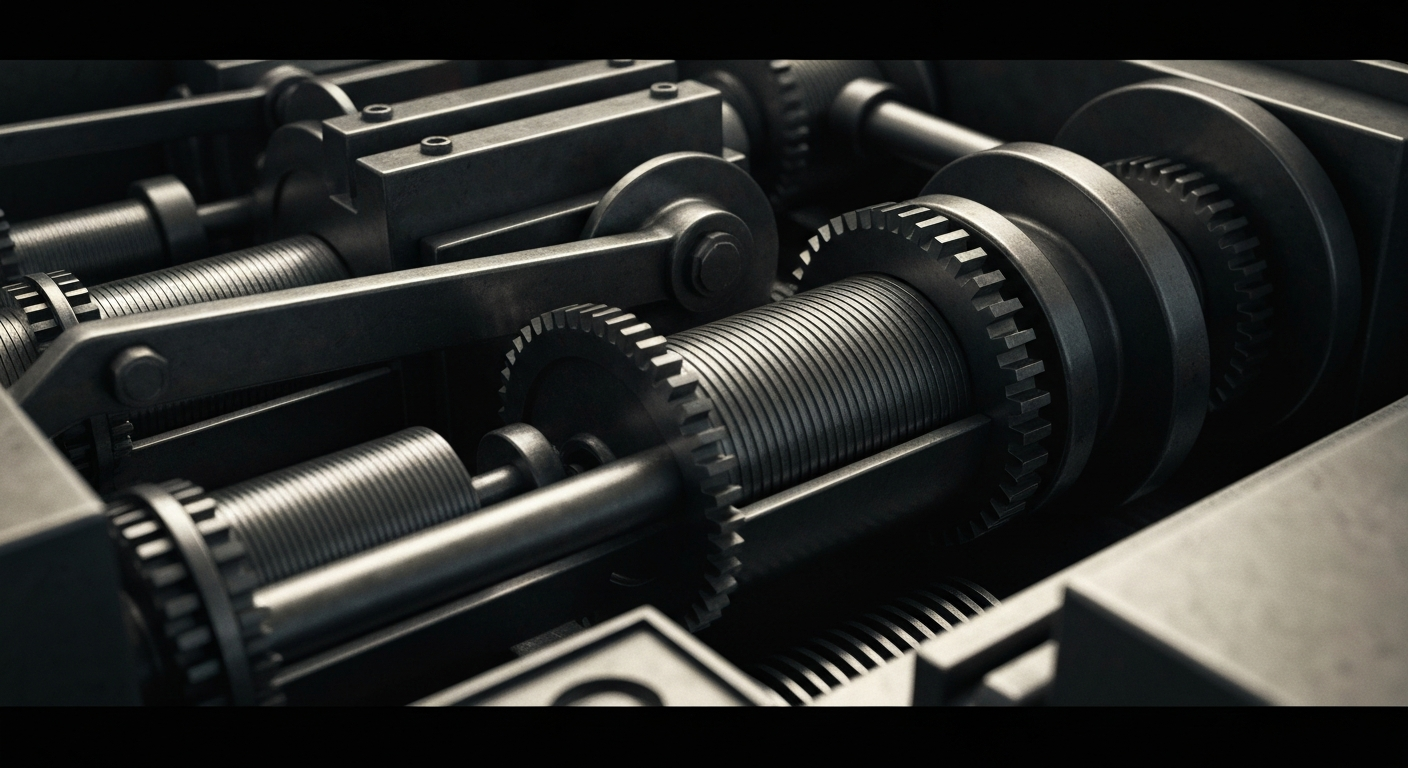 An extreme close-up of intricate, industrial banking machinery and mechanisms, conveying the complex and restrictive nature of new tax deductions through a visually striking, high-contrast image.