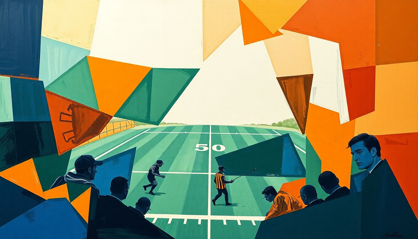 A cubist, geometric painting depicting fragmented scenes of an NFL game and front office discussions, representing the complex dynamics of a media personality working for both a broadcast network and an NFL team.