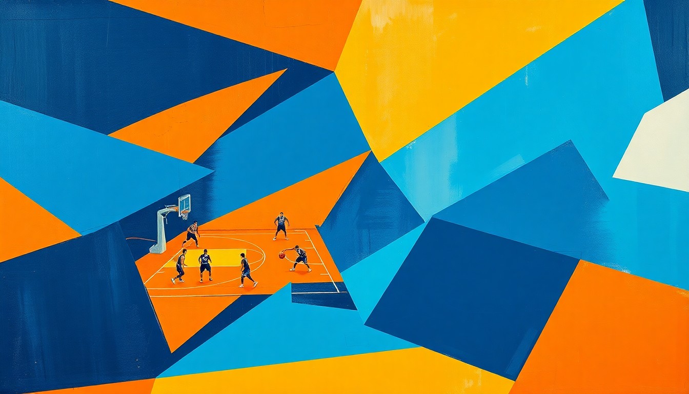 A fragmented, geometric painting depicting a basketball game in motion, with sharp planes of navy blue, light blue, and orange colliding to create a dynamic, abstract composition.