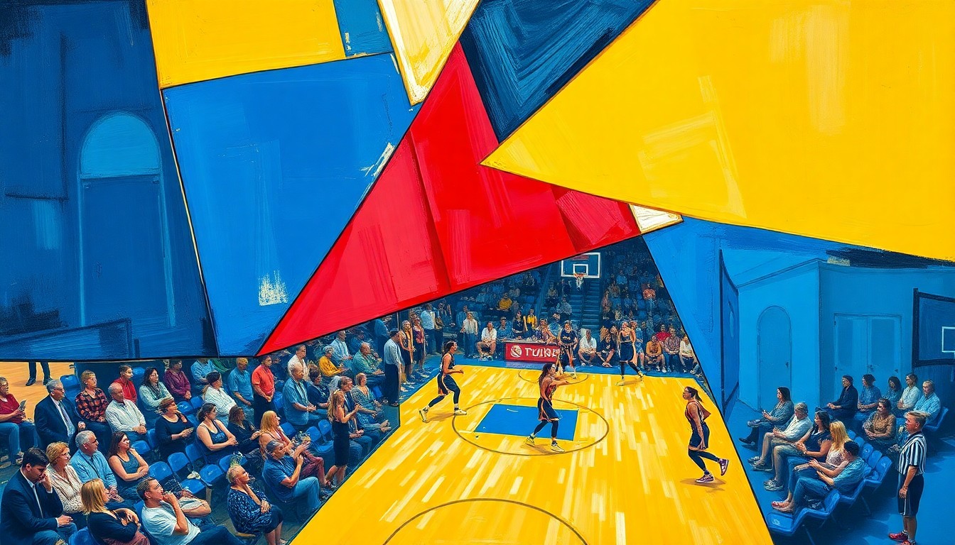 A fractured, geometric painting depicting the action and energy of a women's basketball game, with sharp planes of color and overlapping perspectives capturing the dynamic nature of the sport.