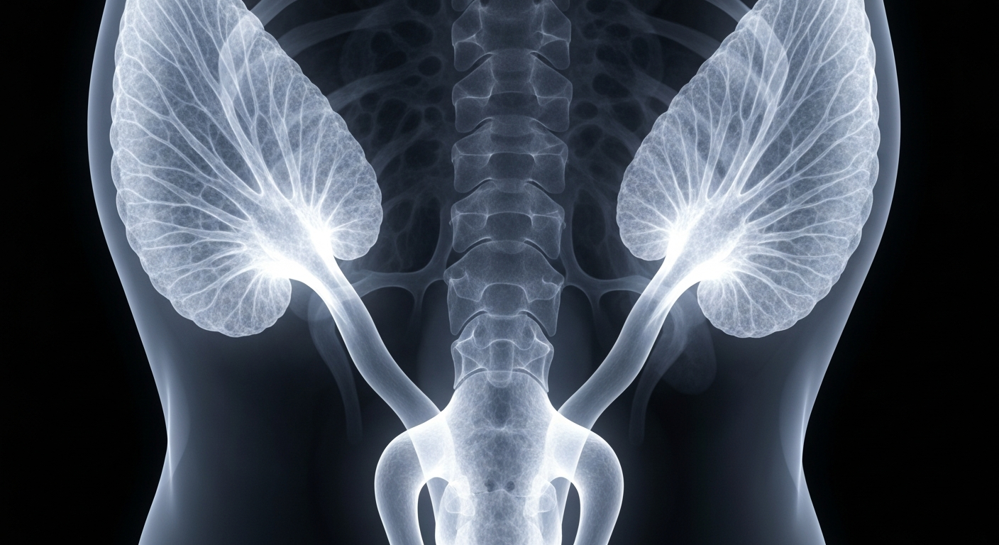 A ghostly, translucent X-ray image of a human prostate gland, its internal structures revealed as glowing lines against a dark background, conceptually illustrating the metabolic impacts of prostate cancer treatment.