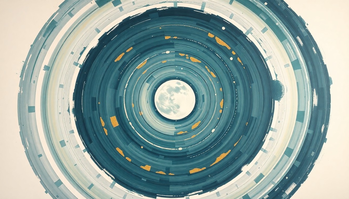 A bold, abstract painting in soft, earthy tones of blue, green, and gold, depicting the Artemis II spacecraft's trajectory around the Moon with sweeping geometric arcs, concentric planetary circles, and precise spirals, conveying the structural order and grandeur of the mission.