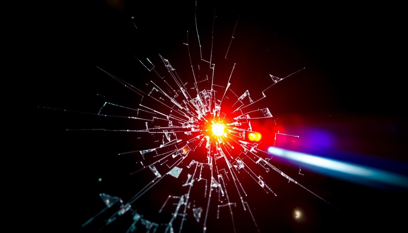 An extreme close-up photograph of shattered car window glass, lit by a harsh, direct camera flash against a pitch-black background, conceptually representing the aftermath of a high-speed chase and vehicular assault.