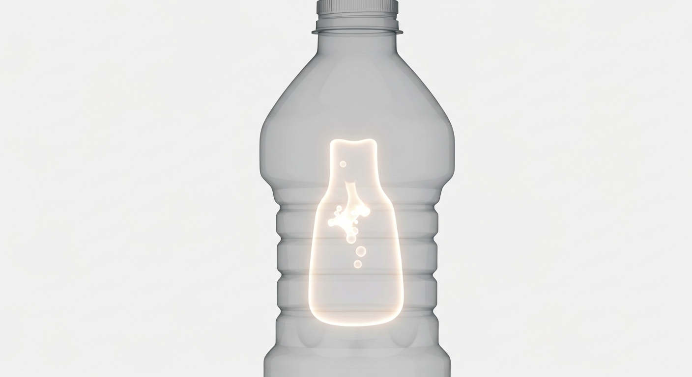 A translucent, ghostly X-ray image showing the internal structure of a plastic beverage bottle, with the milk allergen highlighted as a glowing, ethereal outline against a dark background.