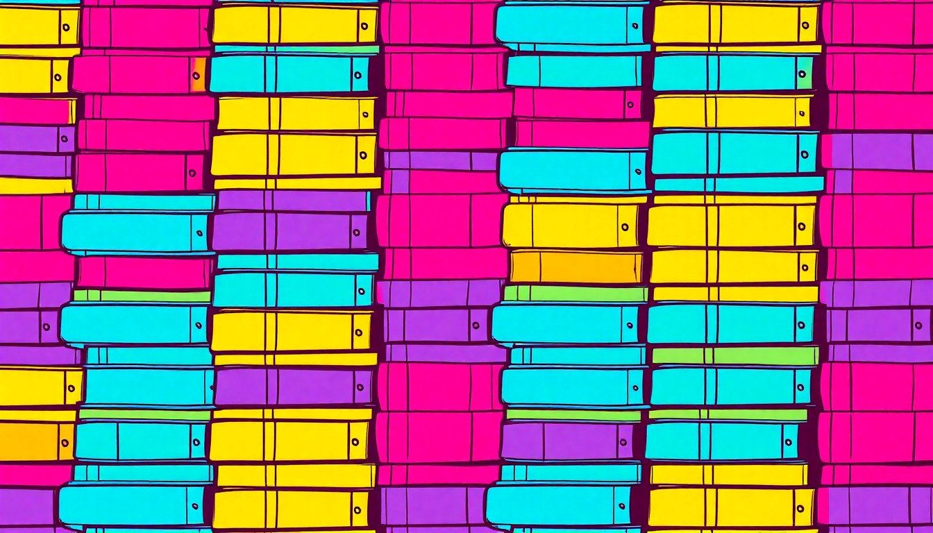 A vibrant, high-contrast silkscreen print of a stack of college textbooks repeated in a grid pattern, using bold neon colors and heavy black outlines to create a modern pop art style illustration.