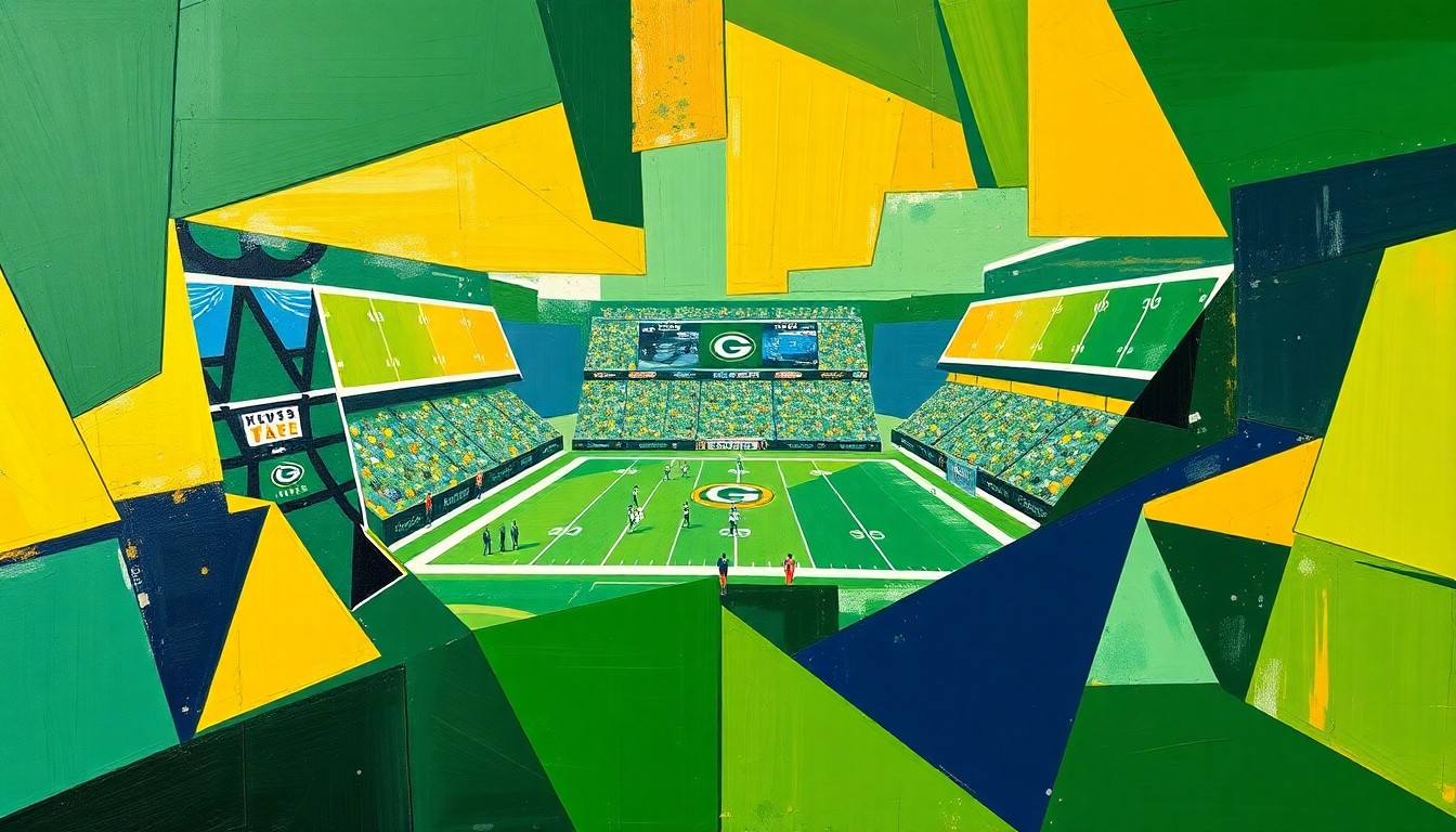 A cubist, geometric painting depicting a fragmented Packers football game, with sharp planes of green, gold, and navy blue colors overlapping to create a dynamic, multi-perspective visual representation of the sport.