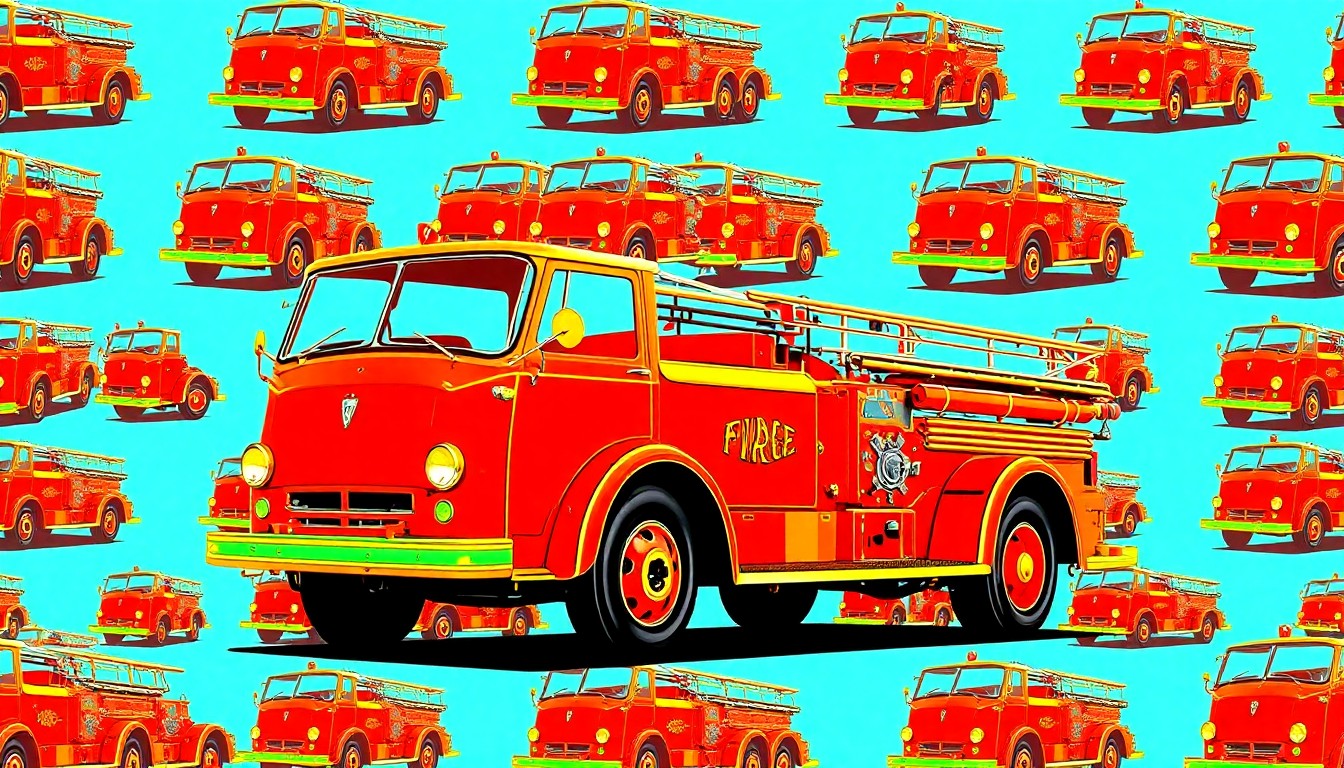 A high-contrast, brightly colored silkscreen print featuring a vintage red fire engine repeated in a tight grid pattern, conceptually representing the museum's celebration of the county's firefighting history.