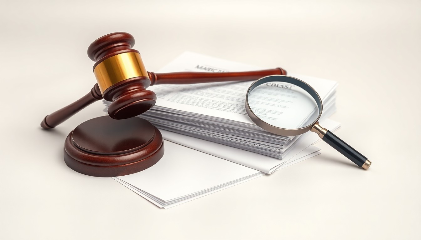 A photorealistic studio still-life featuring a metal gavel, legal documents, and a magnifying glass, symbolizing the legal scrutiny of a corporate merger.
