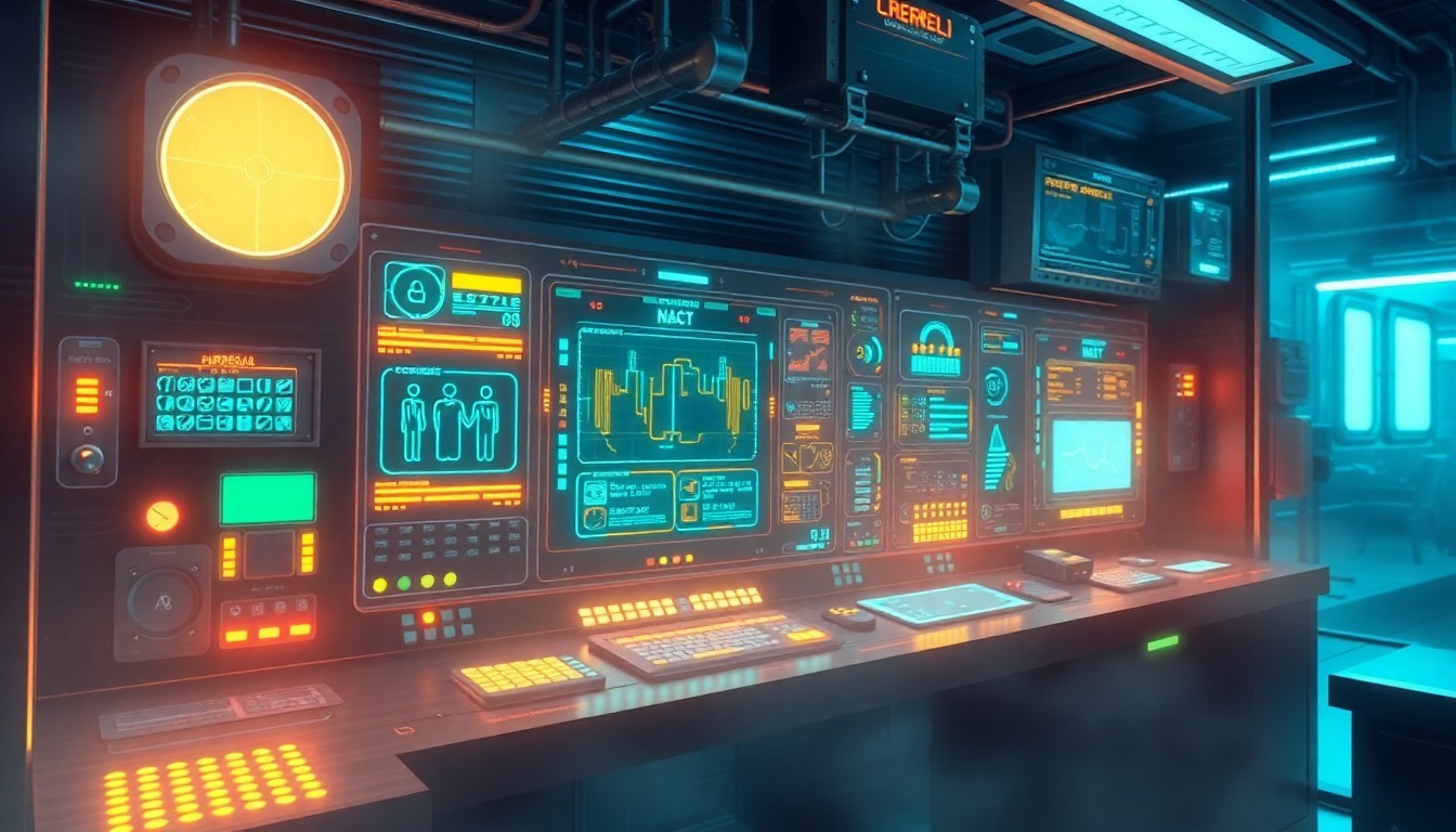 A highly detailed, glowing 3D illustration of a futuristic factory control panel, with various holographic displays, blinking lights, and interconnected circuits, conveying a sense of advanced, intelligent automation.