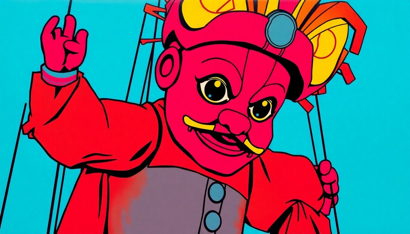 A high-contrast, silkscreen-style illustration featuring a grid of brightly colored, stylized parade puppets in neon shades of red, blue, and yellow, with heavy black outlines giving the image a pop art aesthetic.