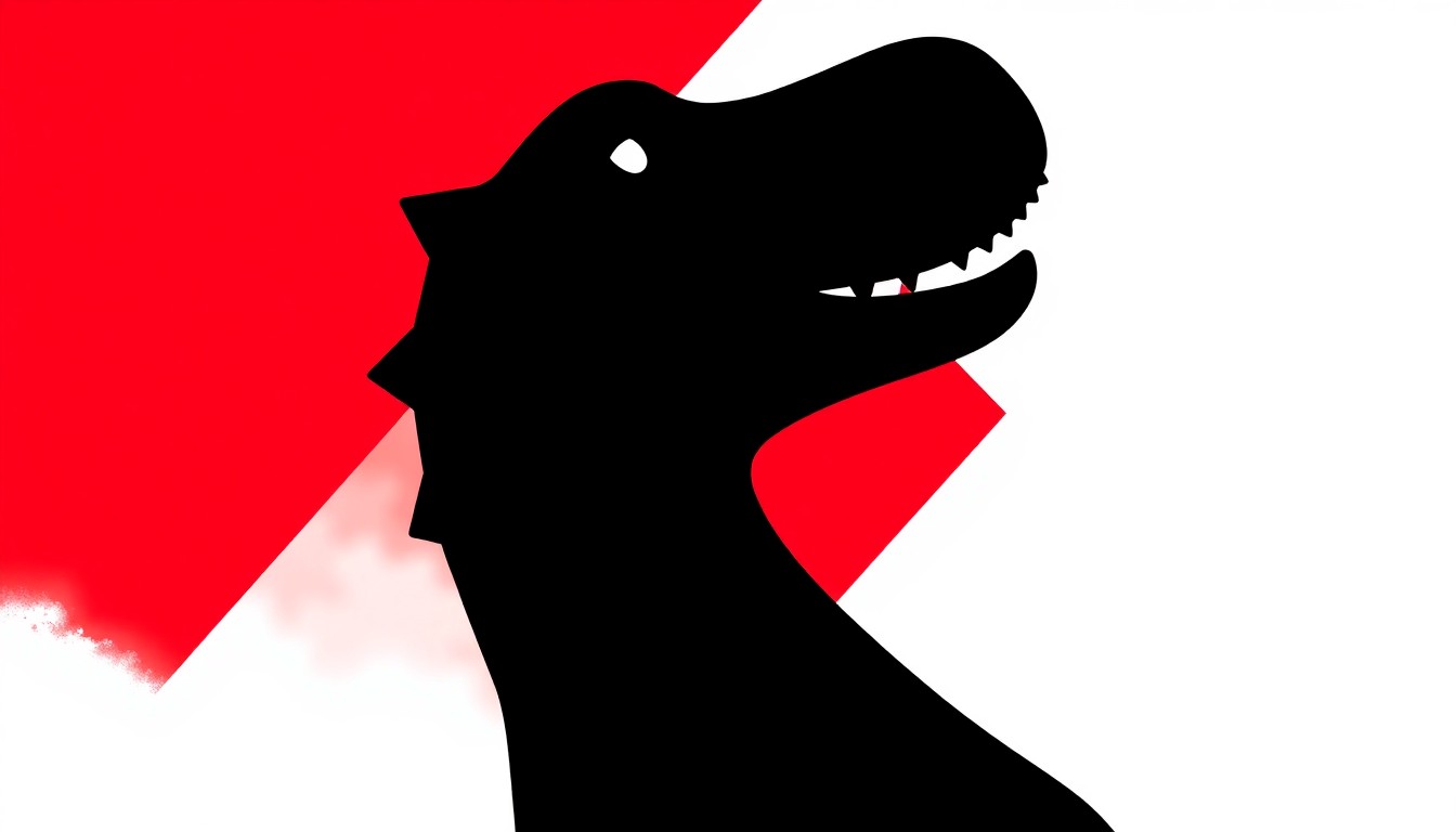 A striking black silhouette of Barney the Dinosaur's iconic triangular head, set against a high-contrast background of bold red and white geometric shapes, conceptually representing the unsettling premise of the new horror film 'Buddy'.