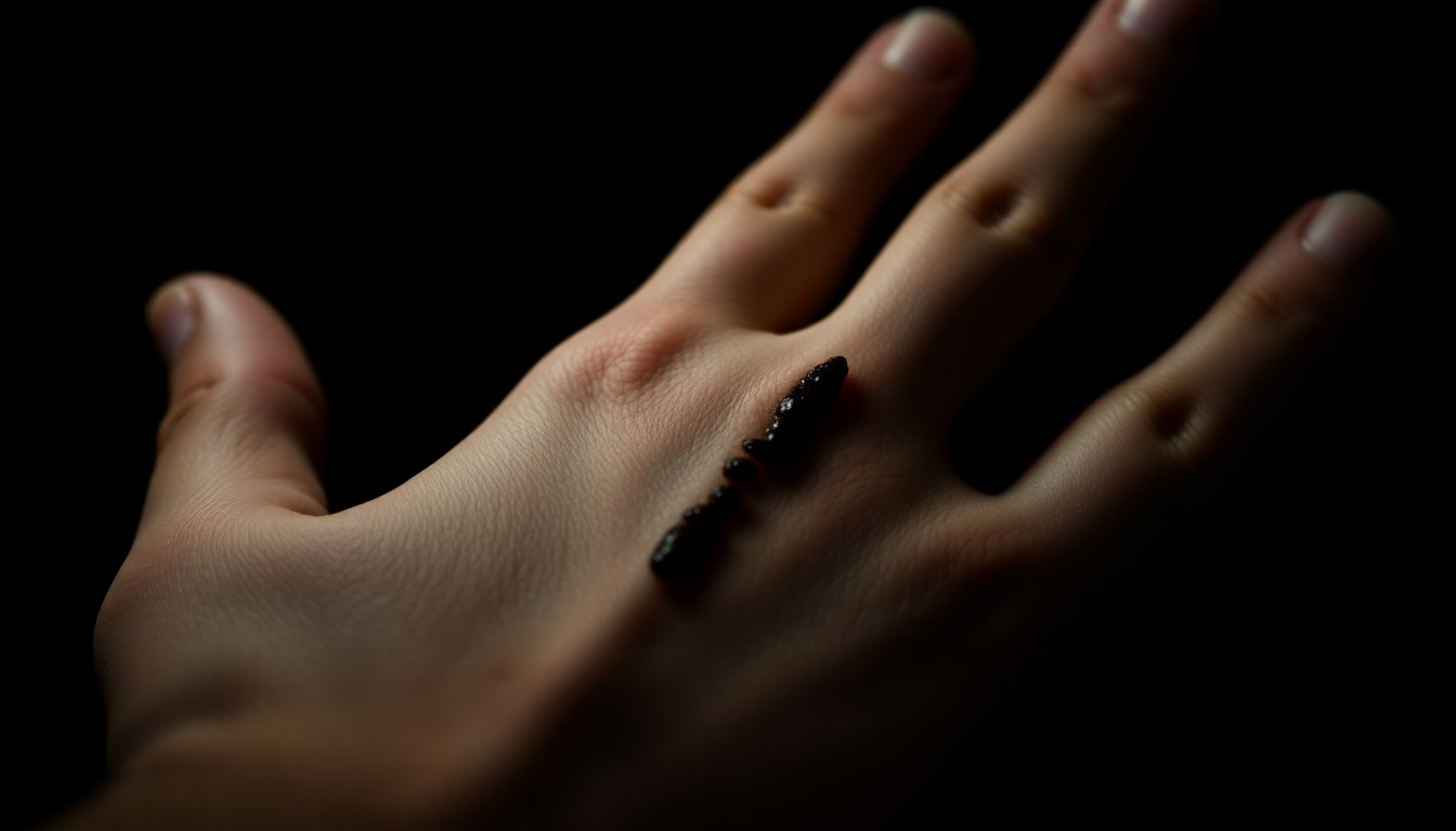 An extreme close-up photograph of a child's hand with visible wolf teeth marks, captured in a harsh, gritty style that conveys the serious consequences of the incident.